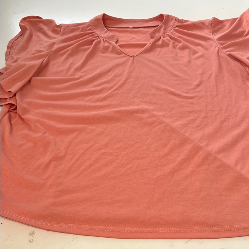 Amazon XL Peach Ruffle Short Sleeve V Neck Blouse